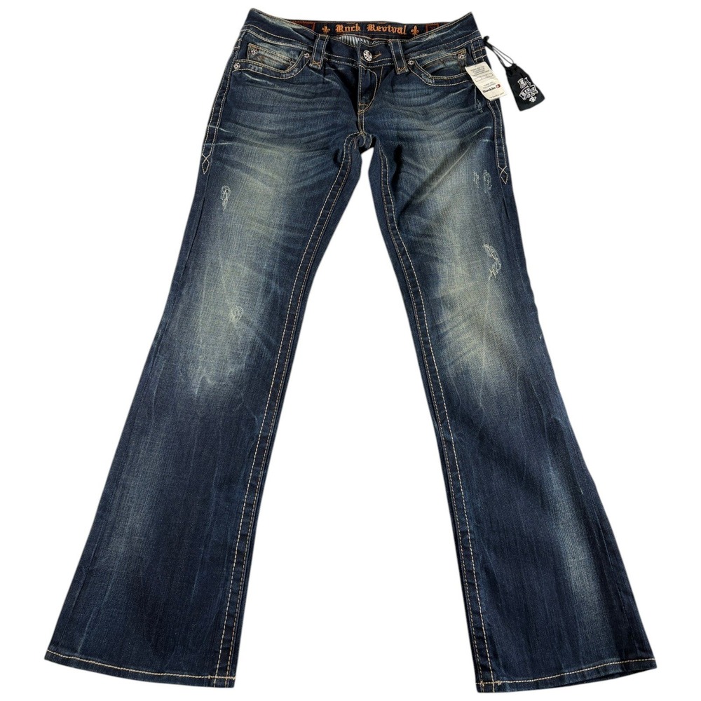 Rock Revival Noelle Boot Jeans Womens 31 Blue Whiskered Denim Distressed Studded